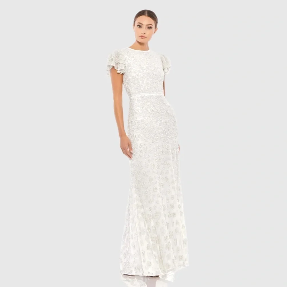 Mac Duggal White Lace Embellished Floor-Length Gown